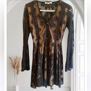 HONEY PUNCH WOMENS BLACK TAN LACE DRESS TOP BOTTOM WEDDING HOLIDAY DRESSY SIZE S